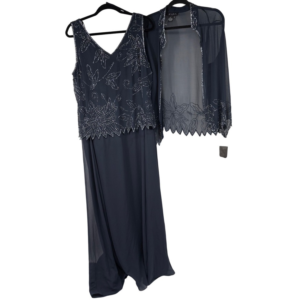 J. Kara Navy Blue Gray Beaded Formal Dress Jacket 16 womens